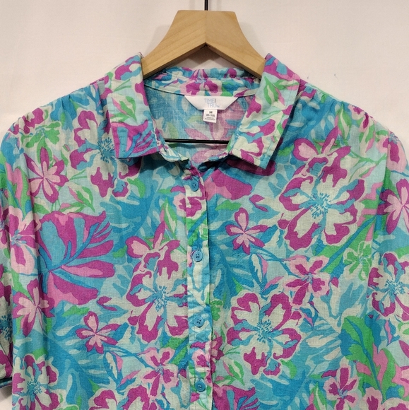 Time and Tru Linen Blend Floral Roll Cuff Button Shirt Womens M Multicolor Boho - Picture 3 of 10